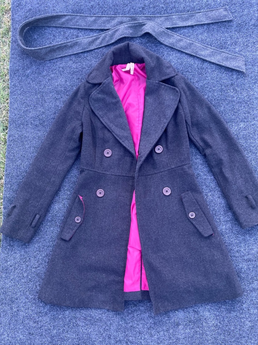Dark Gray Double-Breasted Wool Coat with Pink Lining